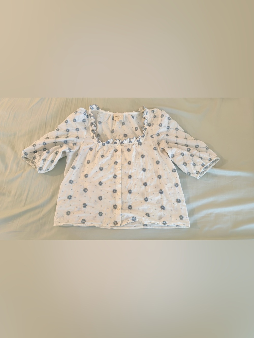 Sézane Kellia Shirt Blue Ecru Daisies Embroidered Blouse Size 38 US 6